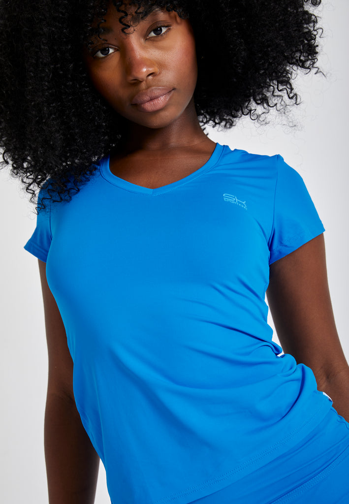 Mädchen & Damen Tennis T-Shirt V-Ausschnitt Damen & Mädchen, cyan blau von SPORTKIND